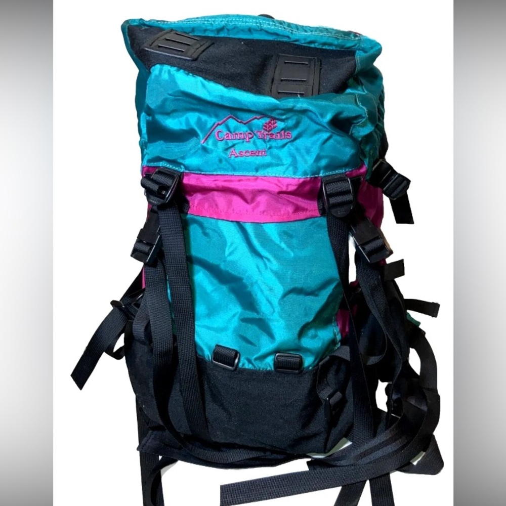 Vintage 1990s Camp Trails Ascent 
Hiking / camping backpack teal green and pink